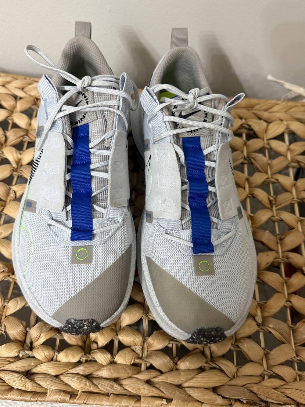 Nike Gray Mesh Sneakers with Blue Tongue and Neon Green Insole